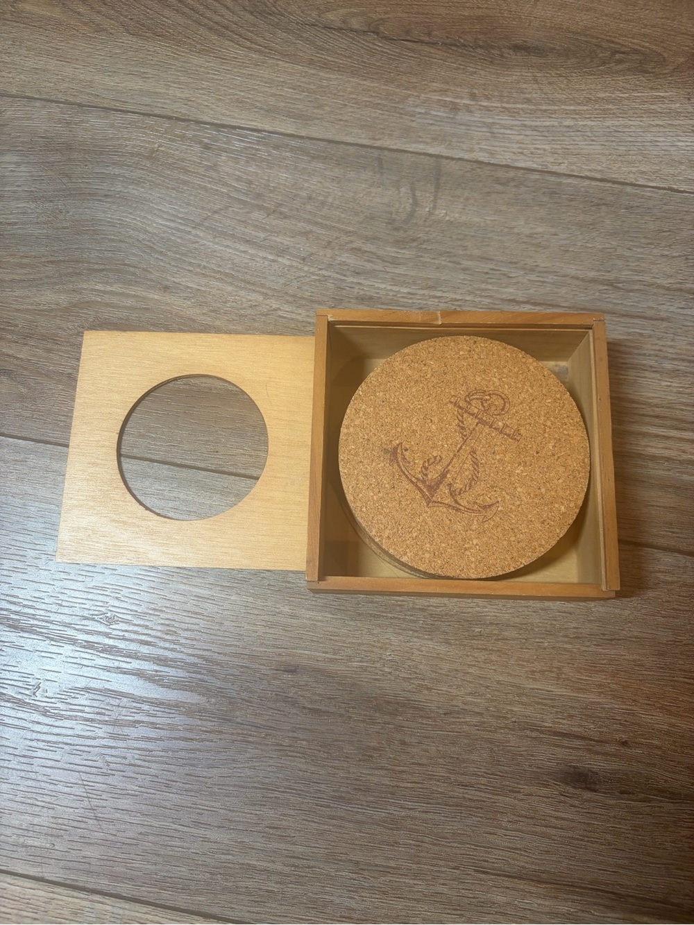 Vintage Retro MCM Nautical Coastal Wood & Cork Coaster Set of 6 with Storage Box